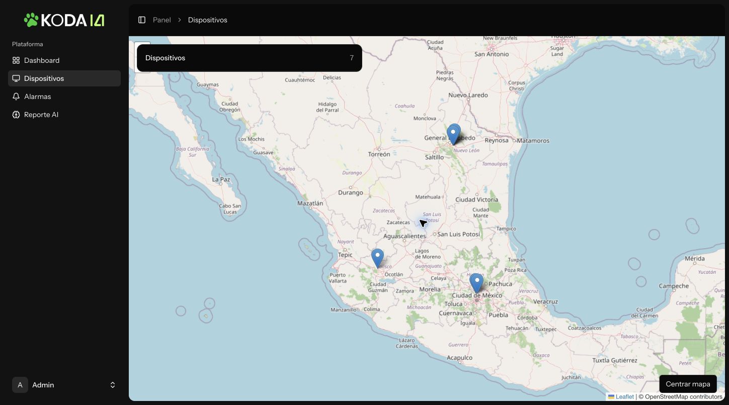 Mapa demostrativo del portal KODA IA con la ubicación de siete dispositivos de la flotilla